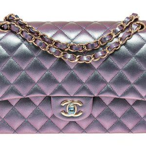 Chanel Classic Iridescent Purple Caviar Leather Medium Double Flap Shoulder Bag